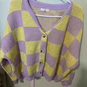 Easel Lavender and Lemon Checkered Cardigan